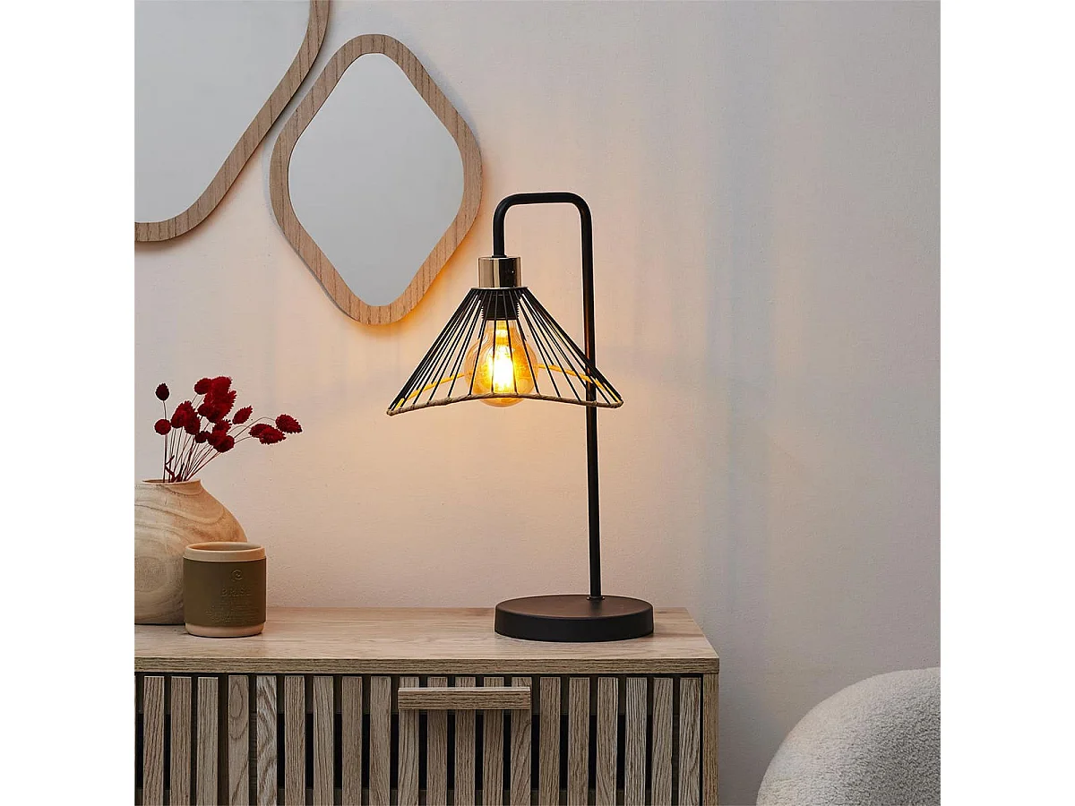 Lampe à Poser Noire Abat-Jour Filaire Finition Rotin - COREEN