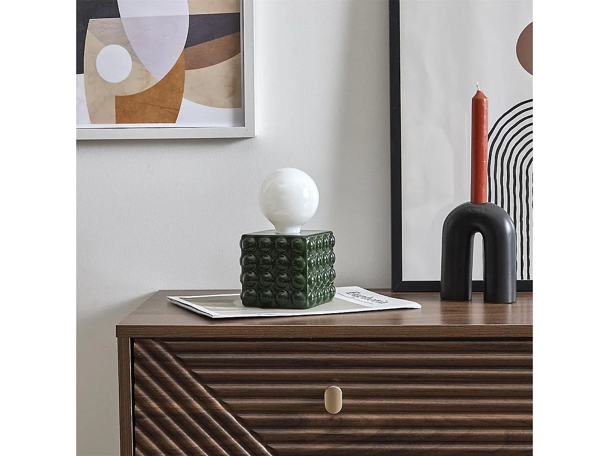 Lampe à poser céramique relief vert foret abat-jour globe (H17cm) sur piles