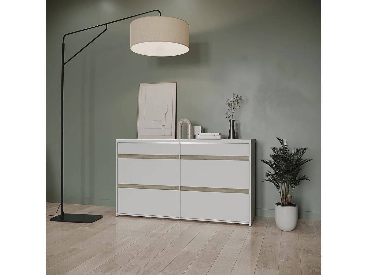 Commode meuble de rangement 6 tiroirs couleur blanc mat / chêne - Largeur 154,5 x Profondeur 50 x Hauteur 89,2 cm