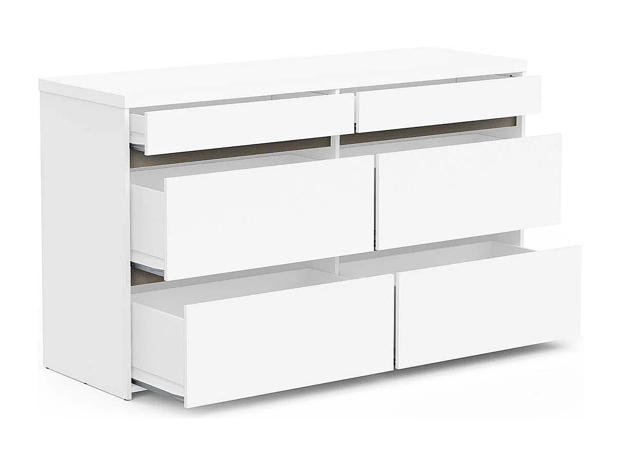 Commode meuble de rangement 6 tiroirs couleur blanc mat / chêne - Largeur 154,5 x Profondeur 50 x Hauteur 89,2 cm