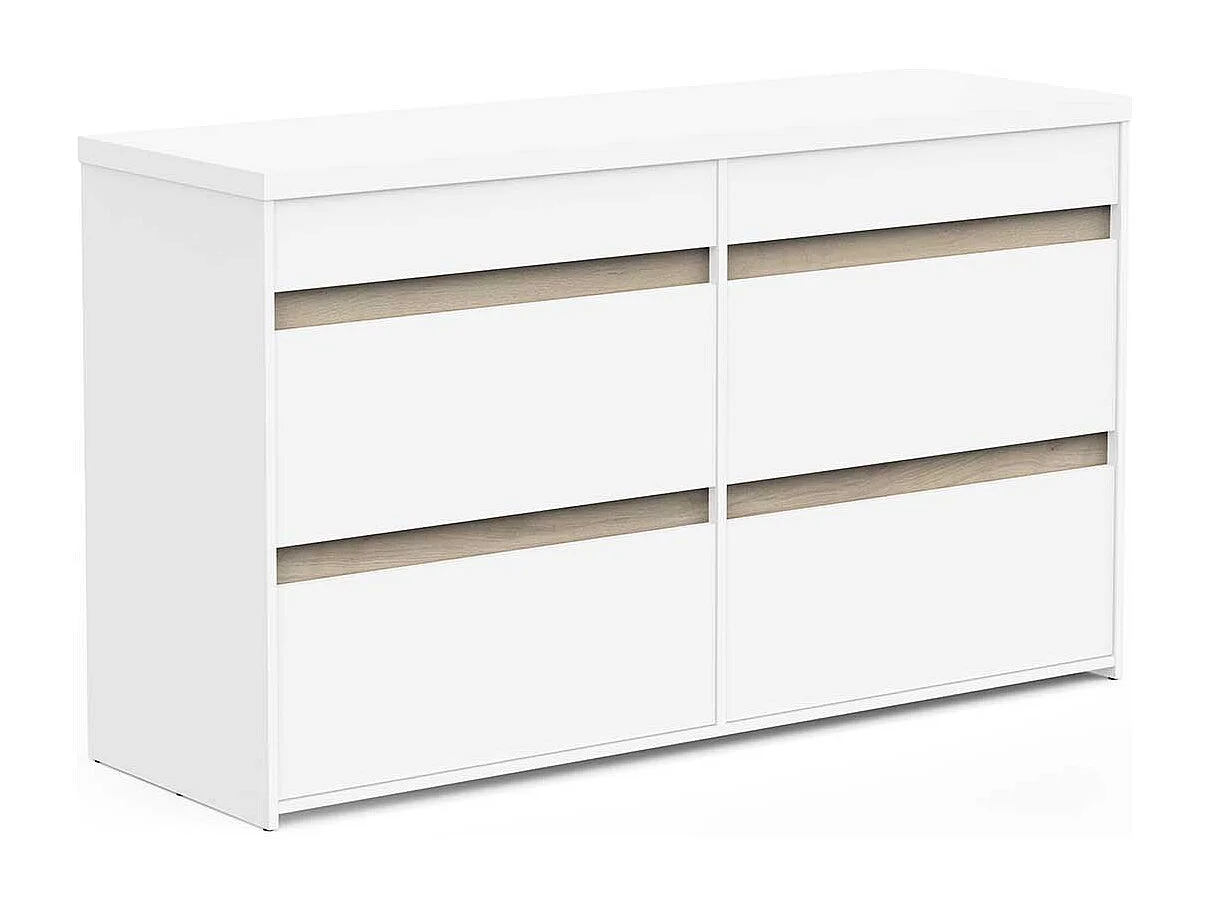 Commode meuble de rangement 6 tiroirs couleur blanc mat / chêne - Largeur 154,5 x Profondeur 50 x Hauteur 89,2 cm
