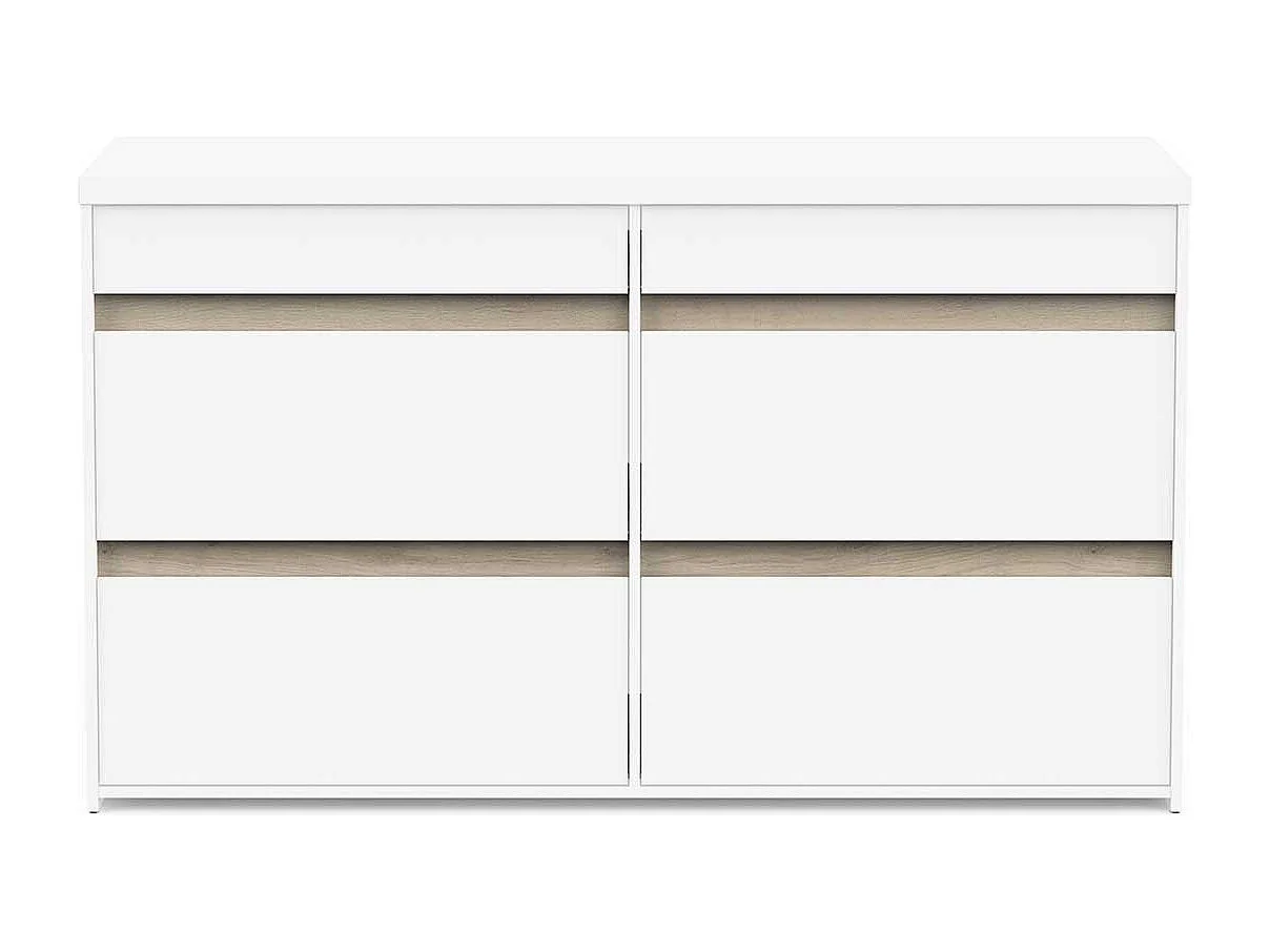 Commode meuble de rangement 6 tiroirs couleur blanc mat / chêne - Largeur 154,5 x Profondeur 50 x Hauteur 89,2 cm