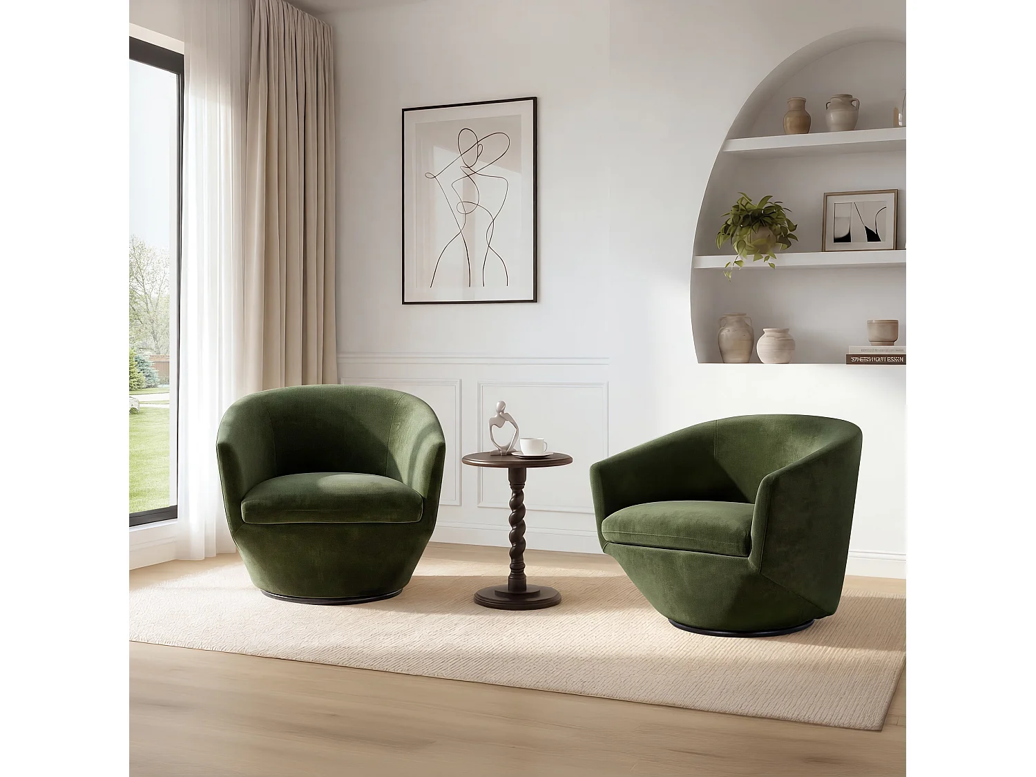 Lot De 2 Fauteuils Pivotants CHITA, Tissu Velours, Pour Salon, Fauteuils Ronds Avec Base Métallique-Vert