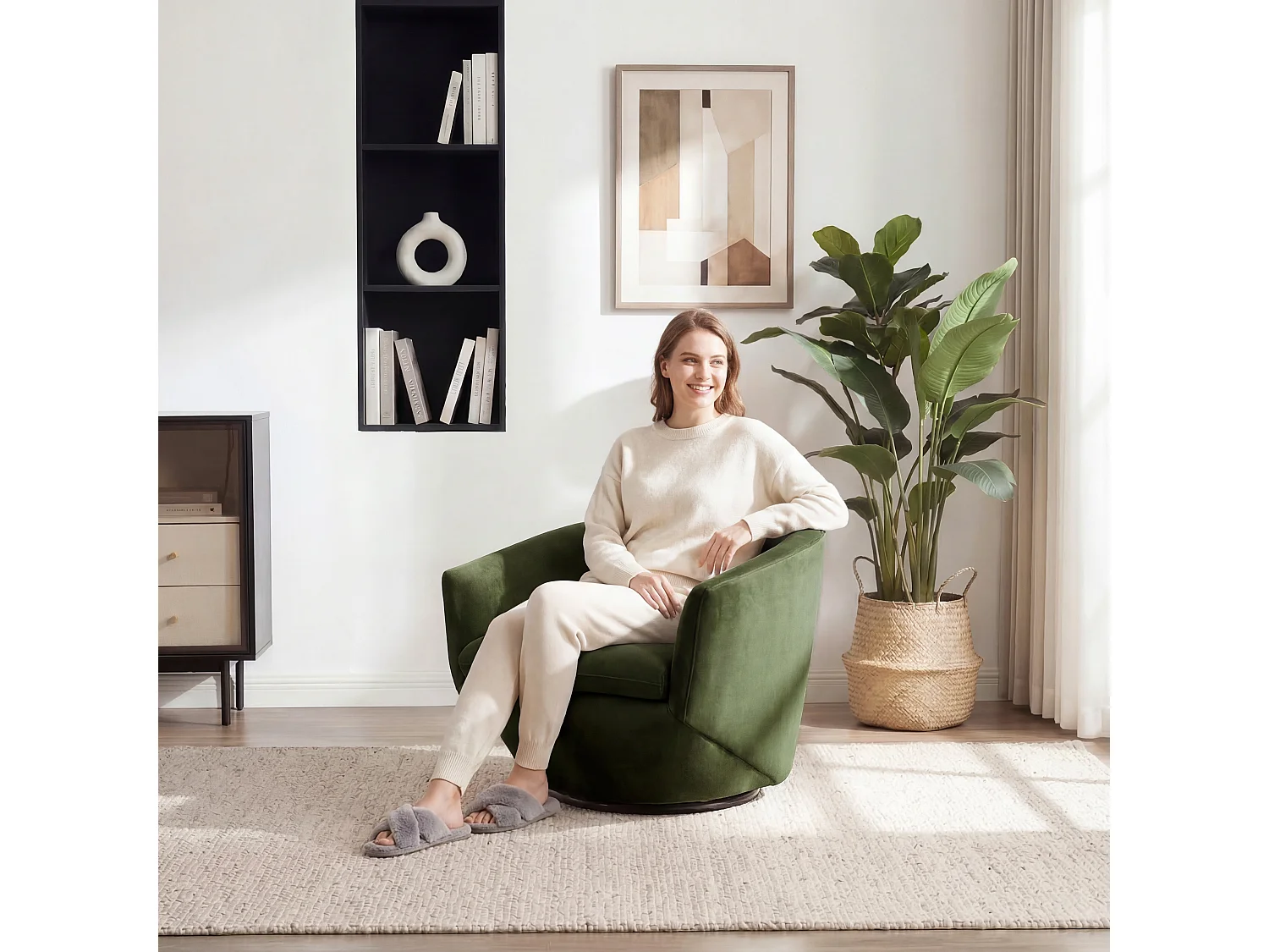 Fauteuil Pivotant CHITA, Tissu Velours, Pour Salon, Fauteuil Rond Avec Base Métallique-Vert