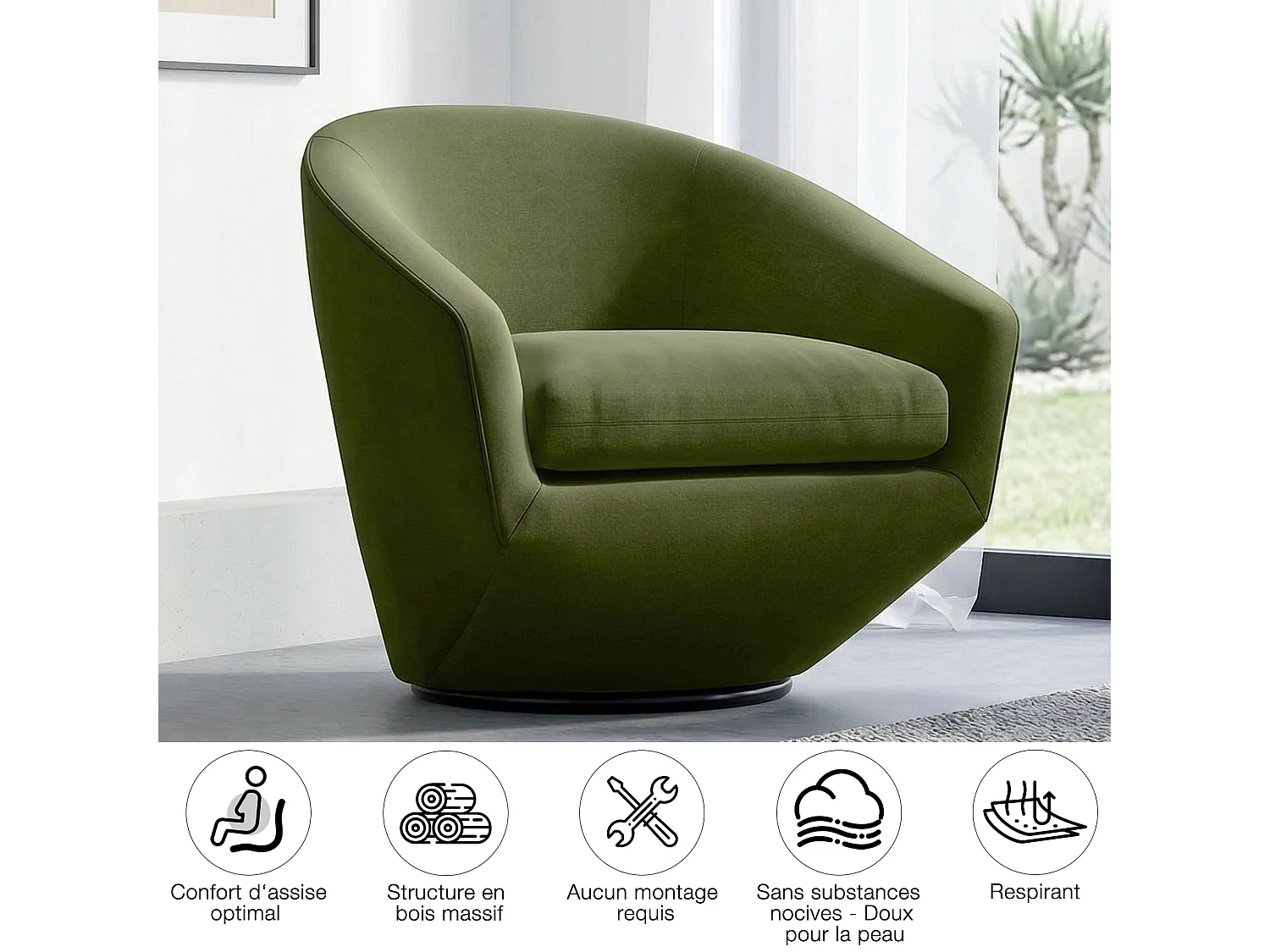 Fauteuil Pivotant CHITA, Tissu Velours, Pour Salon, Fauteuil Rond Avec Base Métallique-Vert