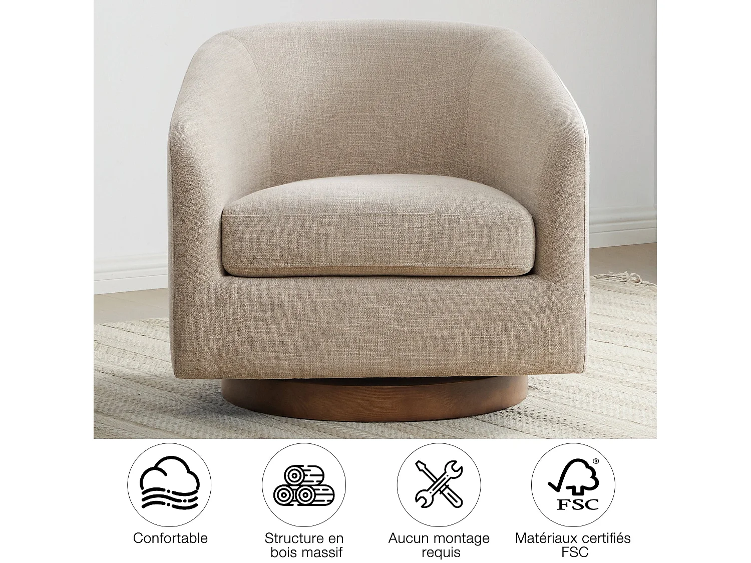 Fauteuil Pivotant CHITA, Siège Baquet Rembourré En Tissu Certifié FSC, Pour Salon-Beige
