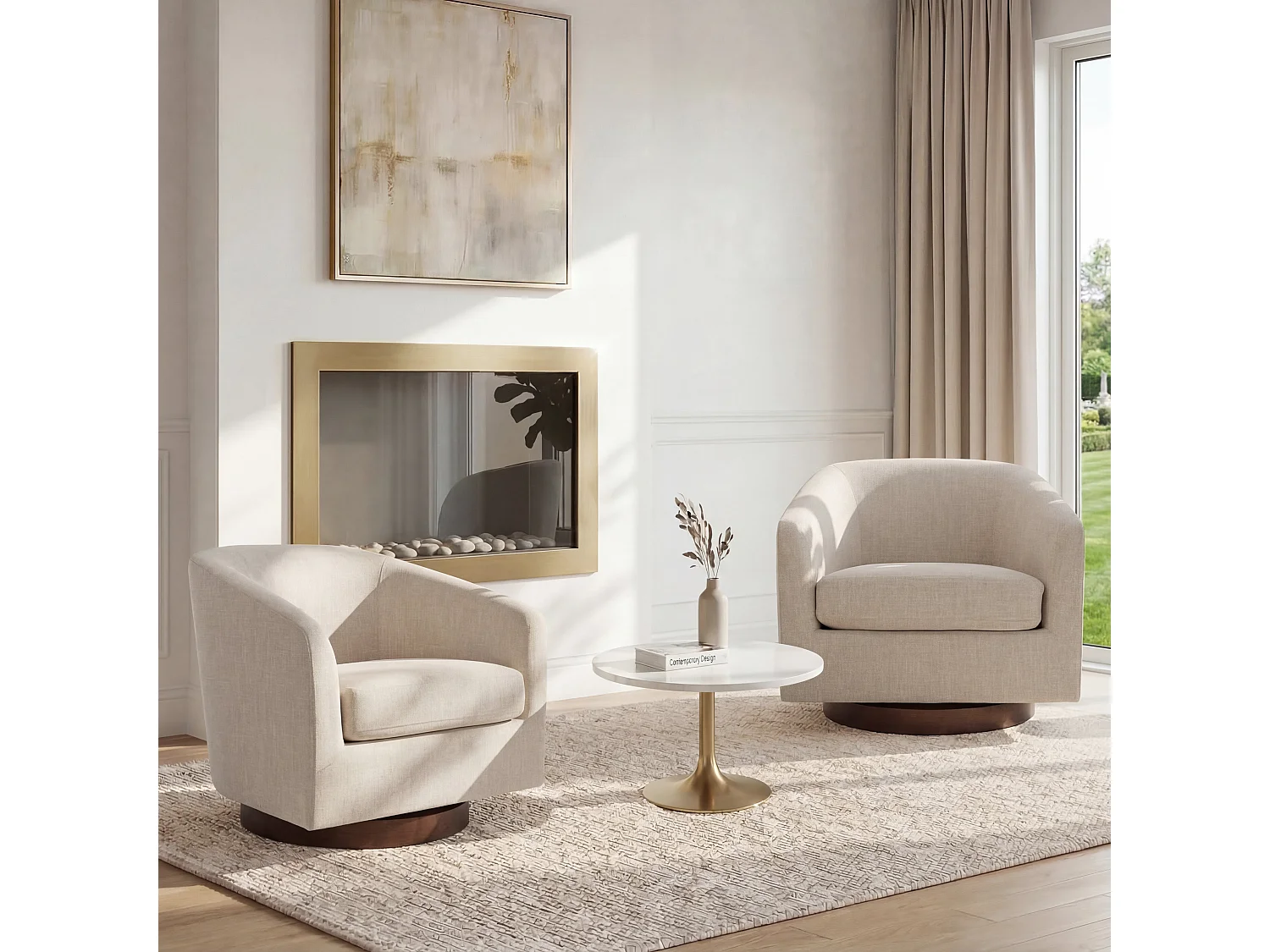 Fauteuil Pivotant CHITA, Siège Baquet Rembourré En Tissu Certifié FSC, Pour Salon-Beige