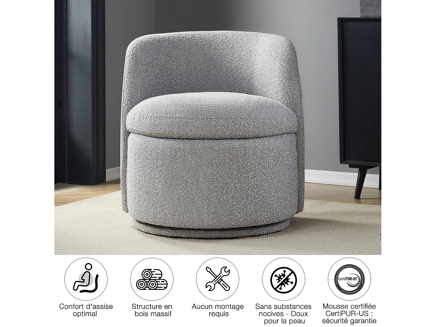 Fauteuil Baquet Pivotant CHITA, Siège Rembourré Confortable En Fausse Angora Certifié FSC, Pour Salon-Gris
