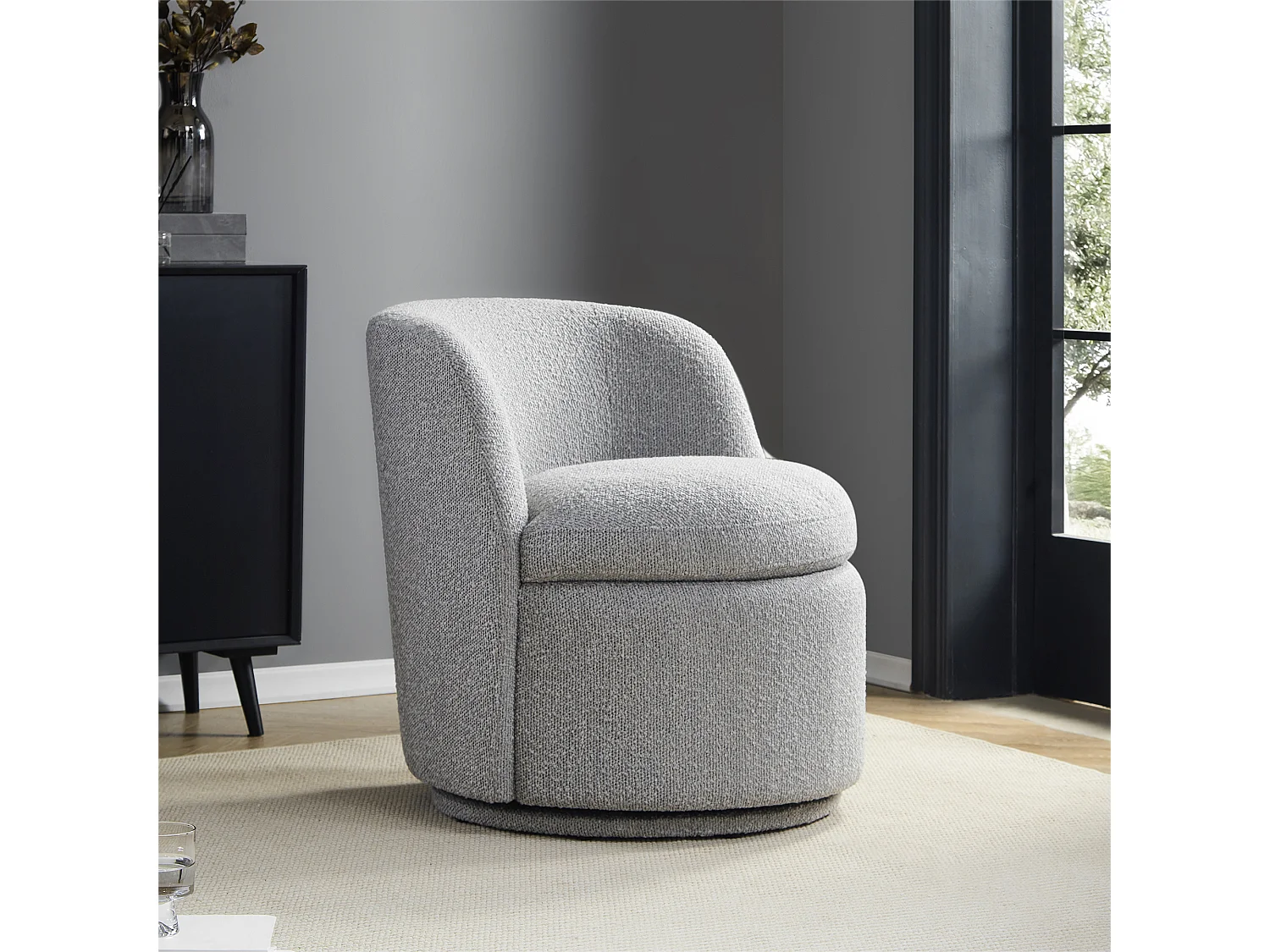 Fauteuil Baquet Pivotant CHITA, Siège Rembourré Confortable En Fausse Angora Certifié FSC, Pour Salon-Gris