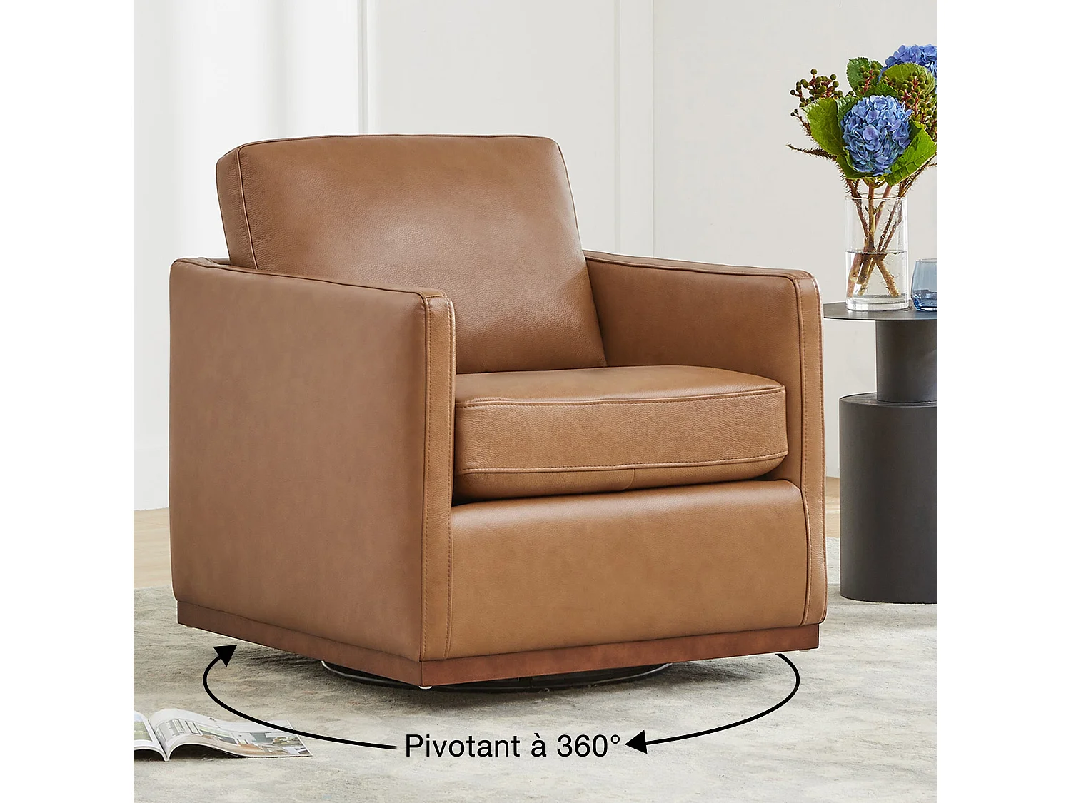 Fauteuil Pivotant En Cuir Véritable CHITA, Fauteuil Moderne Médiéval Certifié FSC Pour Salon Et Chambre, Entièrement Assemblé, Assise Sellier-Marron