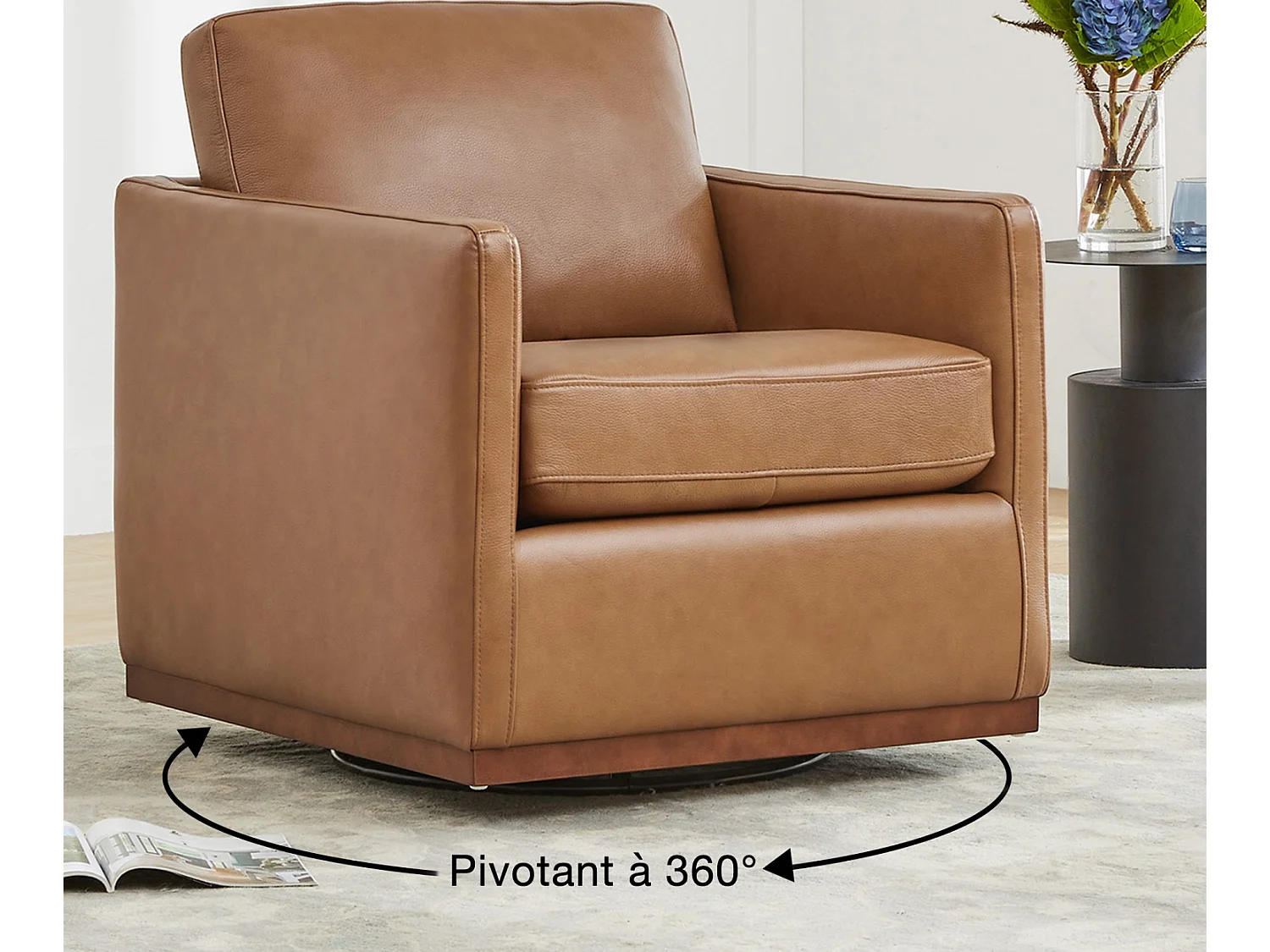 Fauteuil Pivotant En Cuir Véritable CHITA, Fauteuil Moderne Médiéval Certifié FSC Pour Salon Et Chambre, Entièrement Assemblé, Assise Sellier-Marron