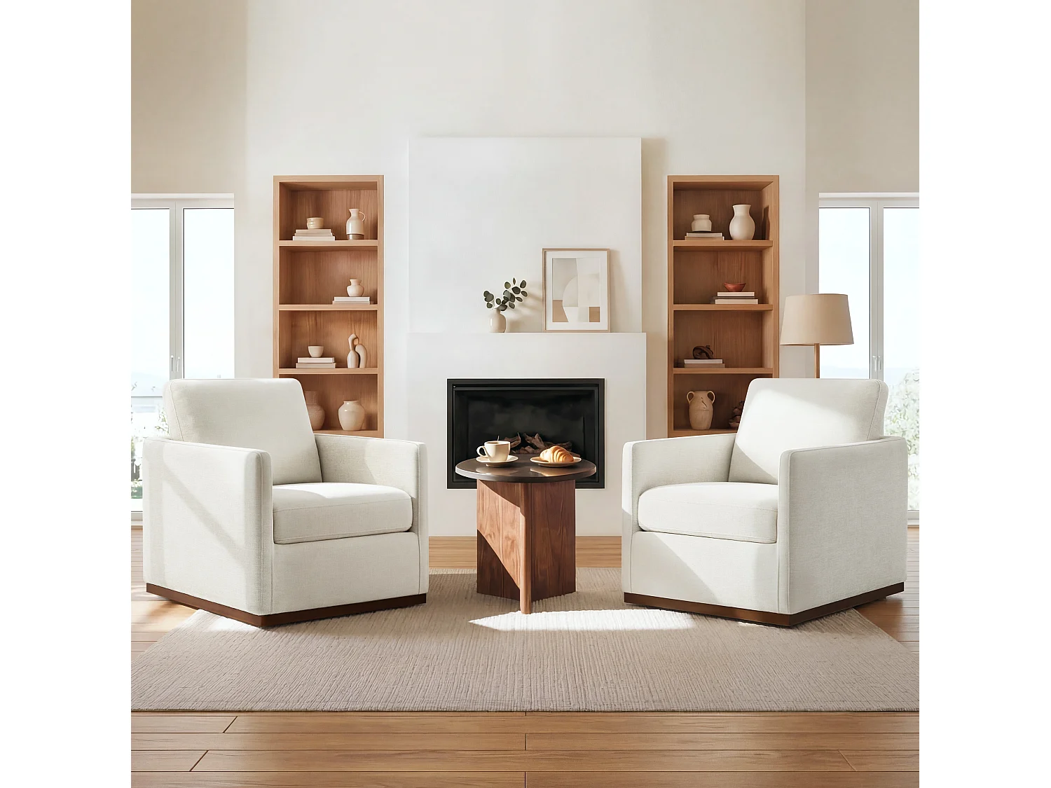 Lot De 2 Fauteuils Pivotants En Cuir Véritable CHITA, Fauteuils Modernes Médiévaux Certifiés FSC Pour Salon Et Chambre, Entièrement Assemblé, Assise Sellier-Blanc