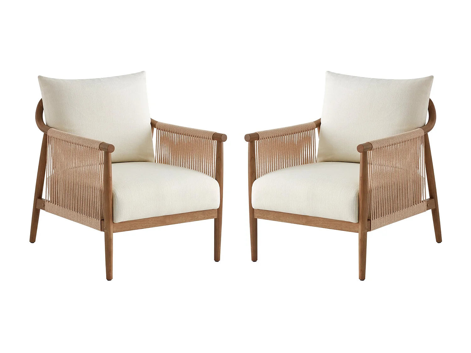 Lot de 2 Fauteuil, Style bohème, Accoudoirs en bois massif, Modèle moderne, Pour salon et chambre