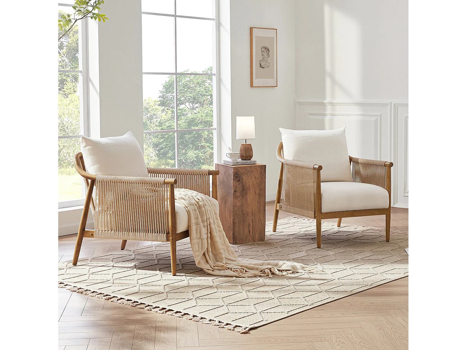 Lot de 2 Fauteuil, Style bohème, Accoudoirs en bois massif, Modèle moderne, Pour salon et chambre