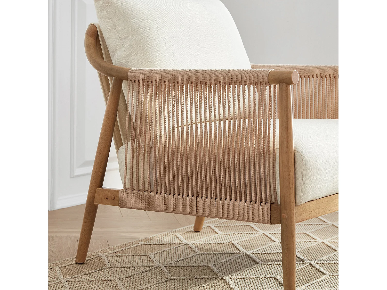 Lot de 2 Fauteuil, Style bohème, Accoudoirs en bois massif, Modèle moderne, Pour salon et chambre