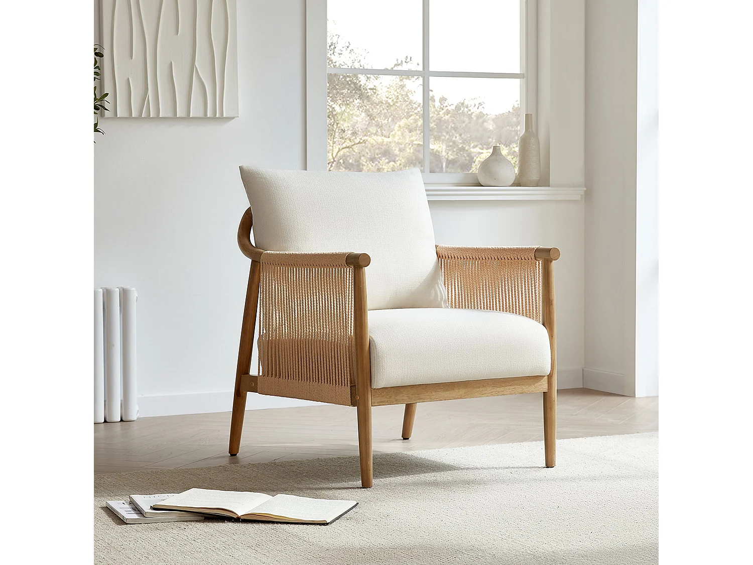 Lot de 2 Fauteuil, Style bohème, Accoudoirs en bois massif, Modèle moderne, Pour salon et chambre