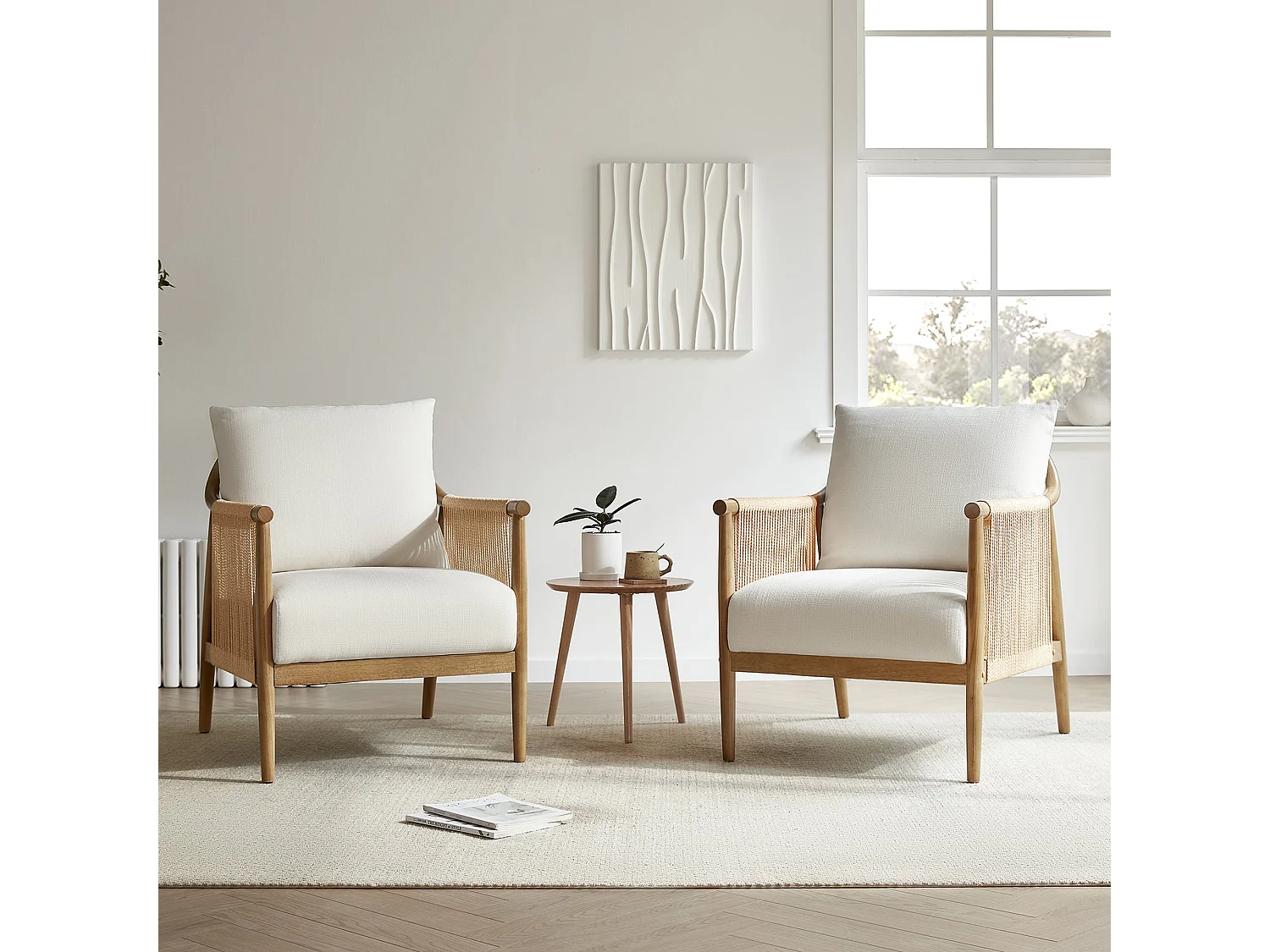 Lot de 2 Fauteuil, Style bohème, Accoudoirs en bois massif, Modèle moderne, Pour salon et chambre