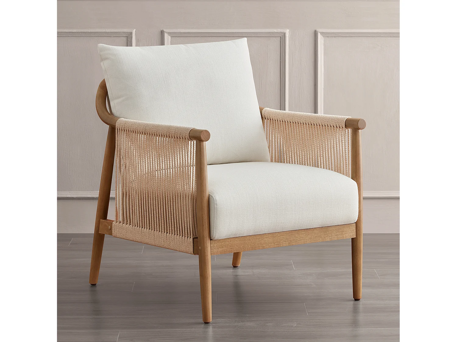 Lot de 2 Fauteuil, Style bohème, Accoudoirs en bois massif, Modèle moderne, Pour salon et chambre
