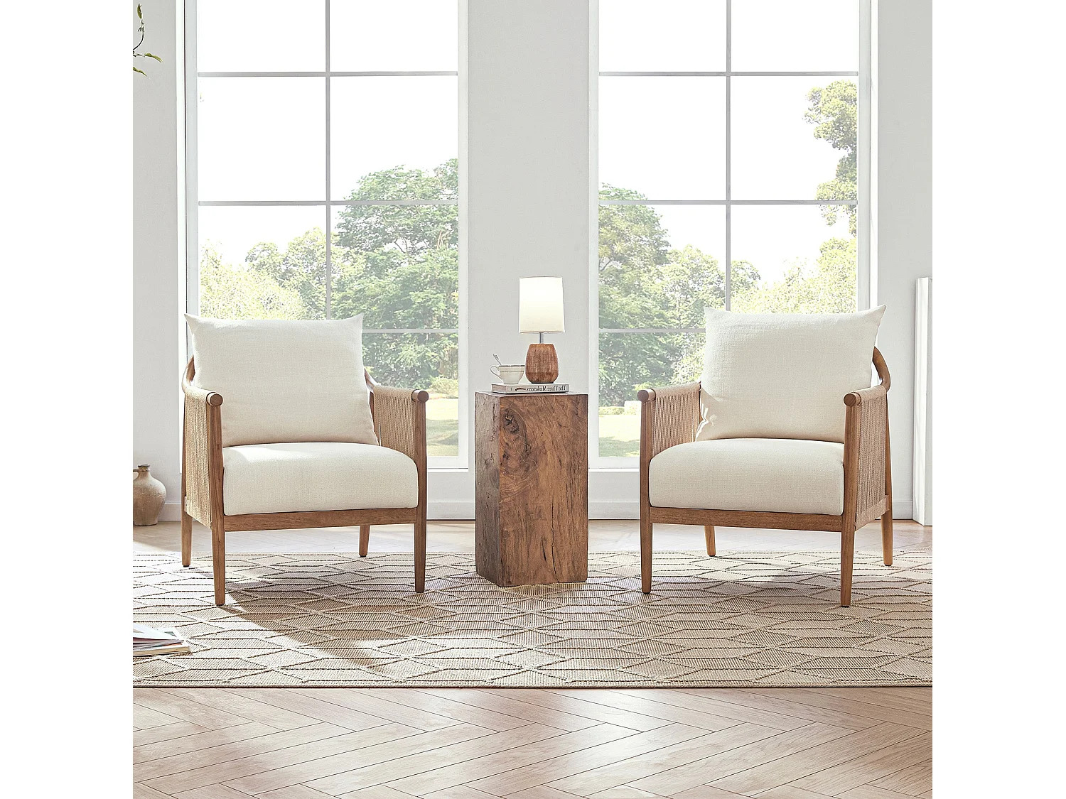 Fauteuil – Style bohème – Accoudoirs en bois massif – Modèle moderne – Pour salon et chambre