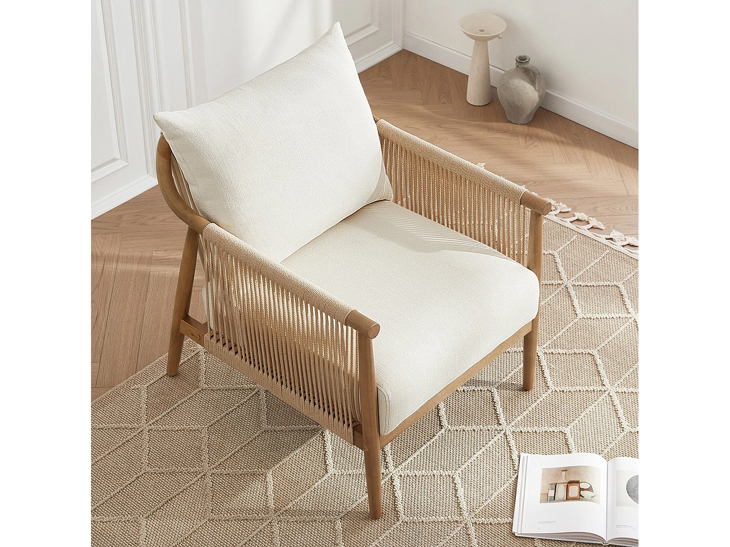 Fauteuil – Style bohème – Accoudoirs en bois massif – Modèle moderne – Pour salon et chambre