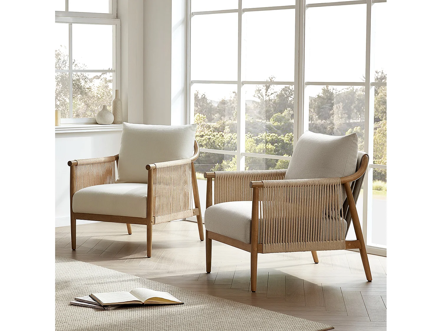 Fauteuil – Style bohème – Accoudoirs en bois massif – Modèle moderne – Pour salon et chambre