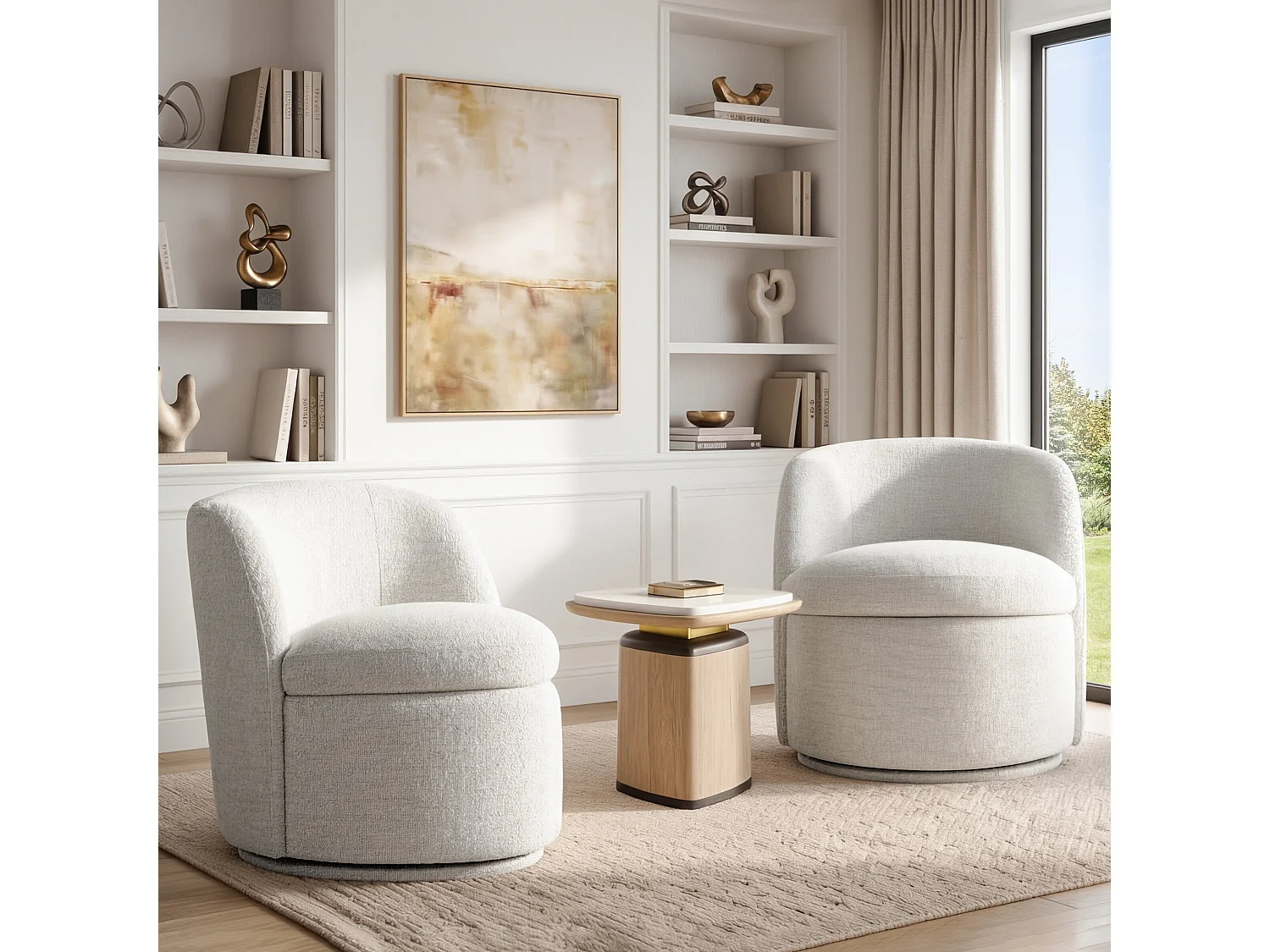 Lot De 2 Fauteuils Baquet Pivotants CHITA, Sièges Rembourrés Confortables En Fausse Angora Certifié FSC, Pour Salon-Blanc