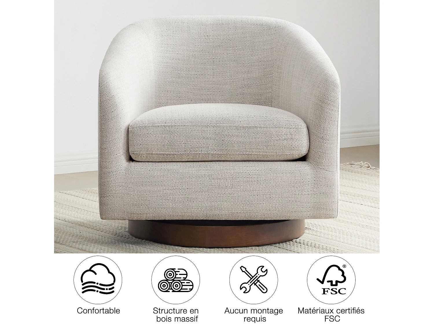 Fauteuil Pivotant CHITA, Siège Baquet Rembourré En Tissu Certifié FSC, Pour Salon-Blanc