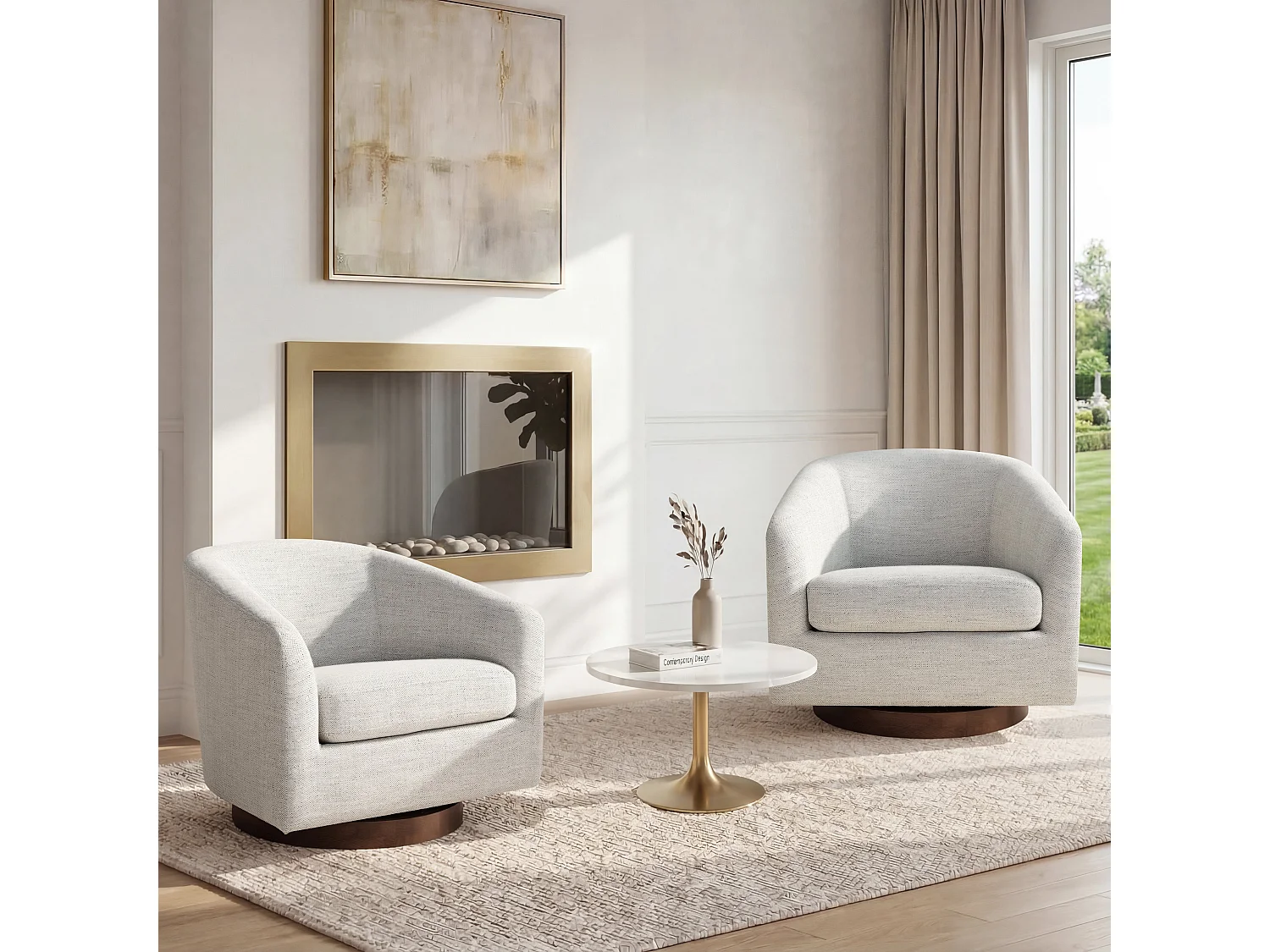 Fauteuil Pivotant CHITA, Siège Baquet Rembourré En Tissu Certifié FSC, Pour Salon-Blanc