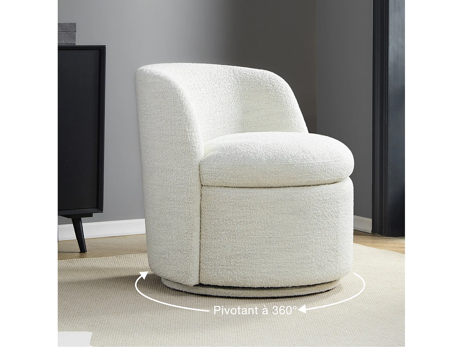 Fauteuil Baquet Pivotant CHITA, Siège Rembourré Confortable En Fausse Angora Certifié FSC, Pour Salon-Blanc