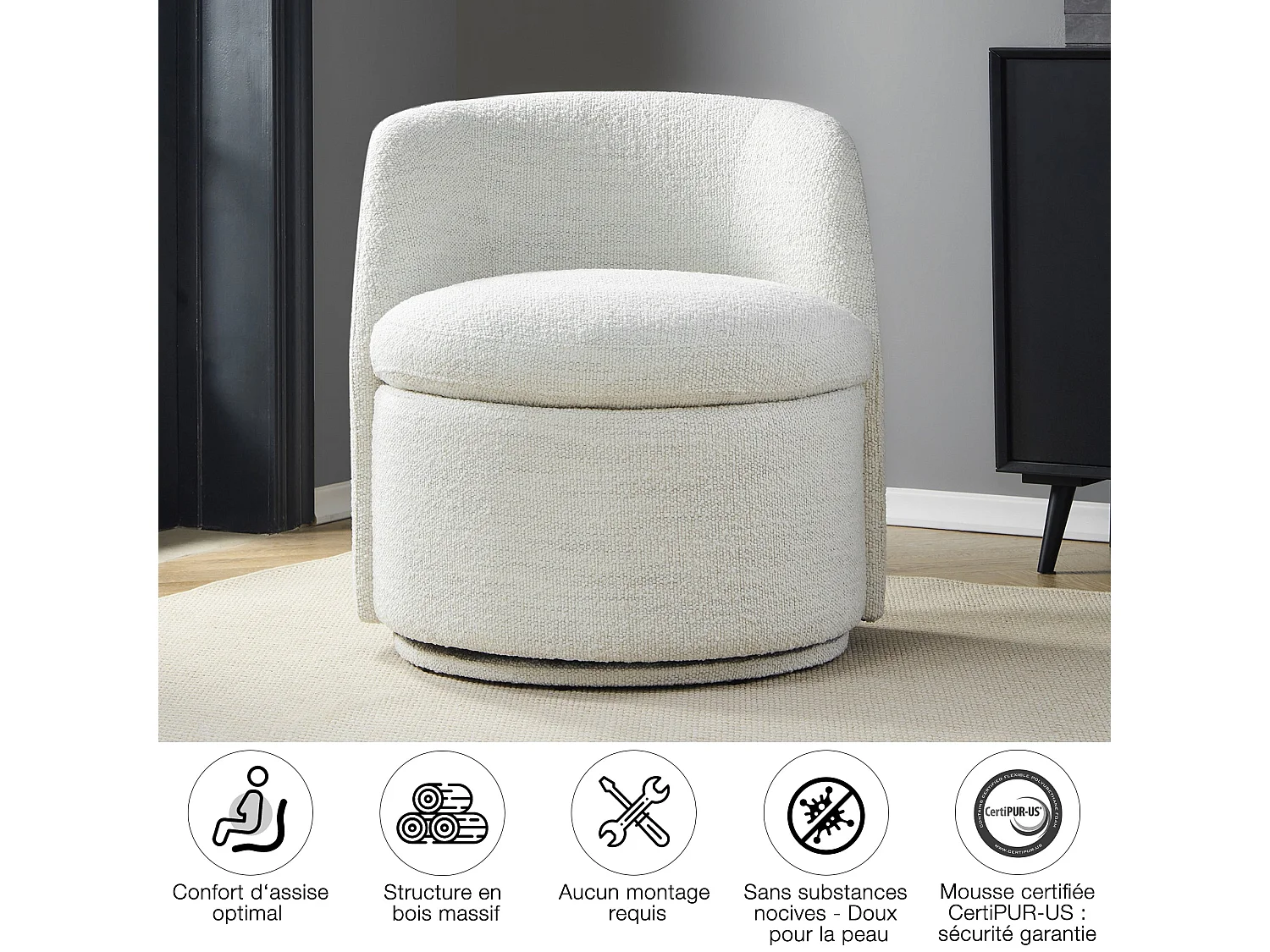 Fauteuil Baquet Pivotant CHITA, Siège Rembourré Confortable En Fausse Angora Certifié FSC, Pour Salon-Blanc