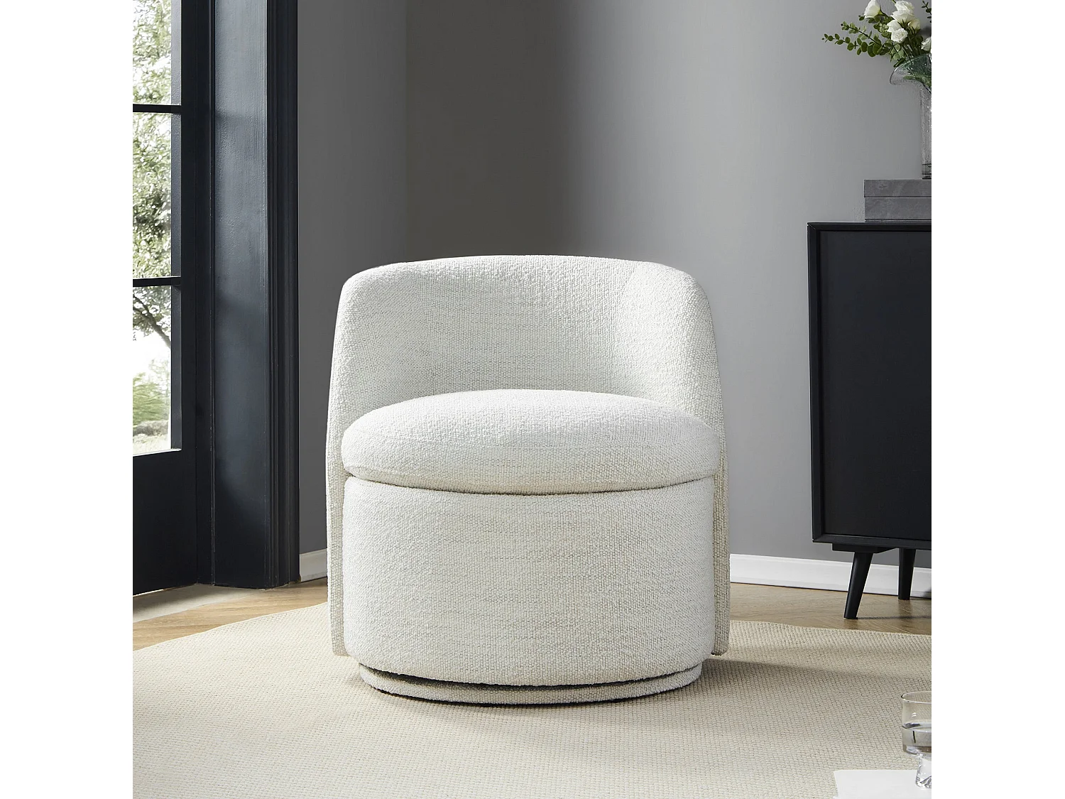 Fauteuil Baquet Pivotant CHITA, Siège Rembourré Confortable En Fausse Angora Certifié FSC, Pour Salon-Blanc