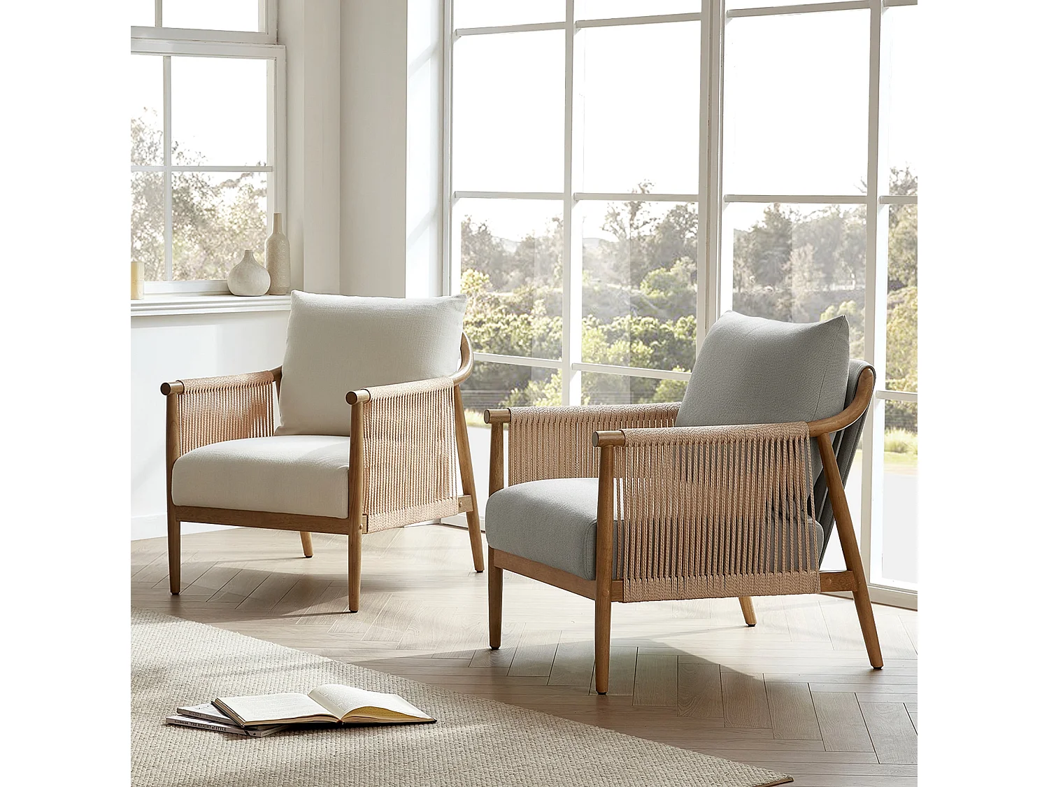 Lot de 2 Fauteuil, Style bohème, Accoudoirs en bois massif, Modèle moderne, Pour salon et chambre