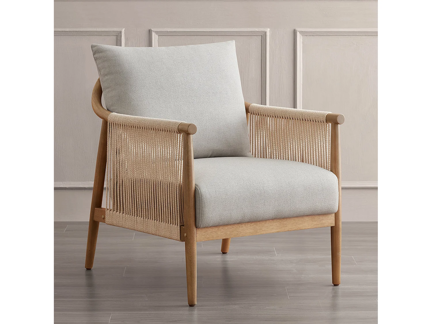 Lot de 2 Fauteuil, Style bohème, Accoudoirs en bois massif, Modèle moderne, Pour salon et chambre