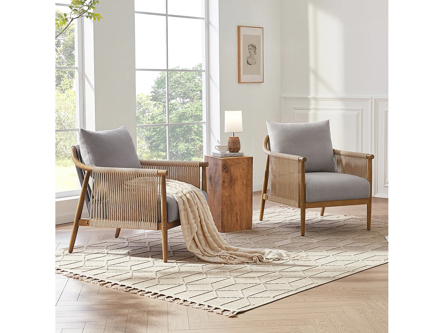 Lot de 2 Fauteuil, Style bohème, Accoudoirs en bois massif, Modèle moderne, Pour salon et chambre