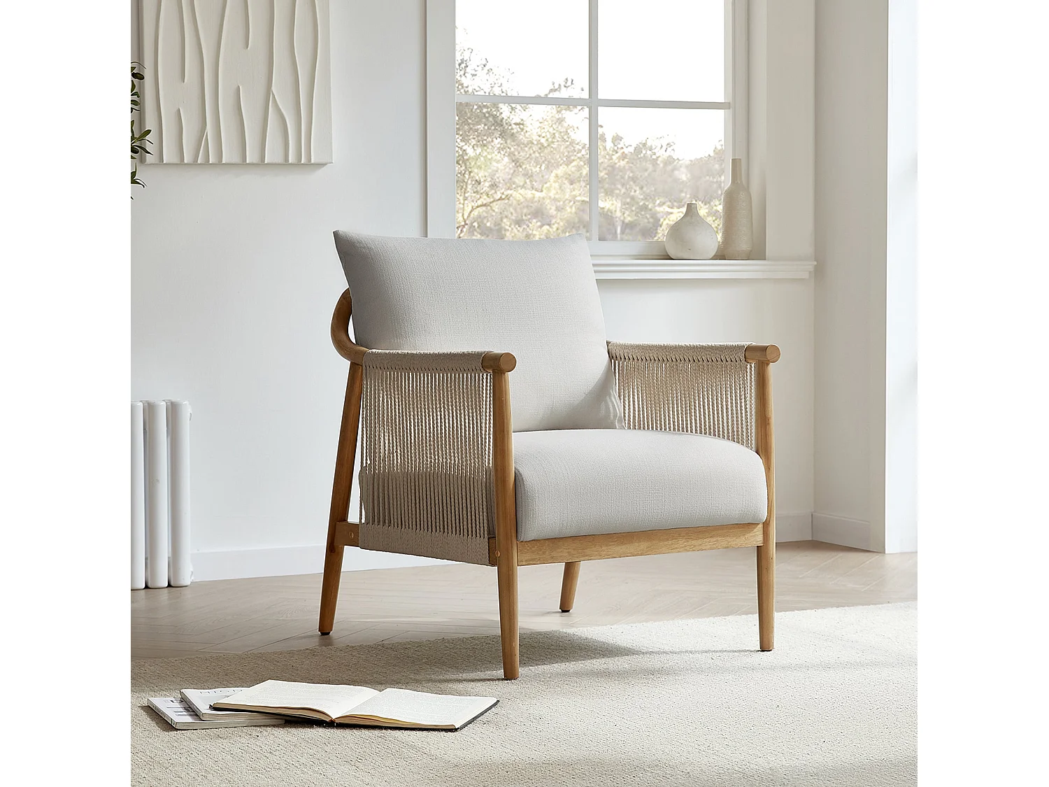 Lot de 2 Fauteuil, Style bohème, Accoudoirs en bois massif, Modèle moderne, Pour salon et chambre