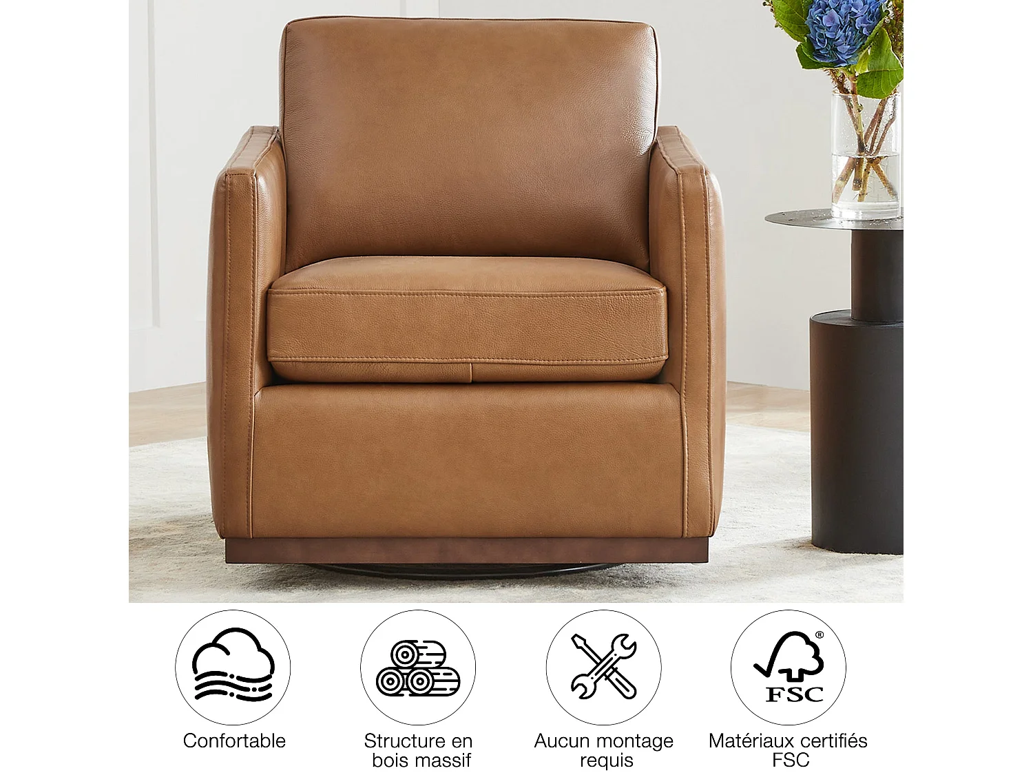 Lot De 2 Fauteuils Pivotants En Cuir Véritable CHITA, Fauteuils Modernes Médiévaux Certifiés FSC Pour Salon Et Chambre, Entièrement Assemblé, Assise Sellier-Marron