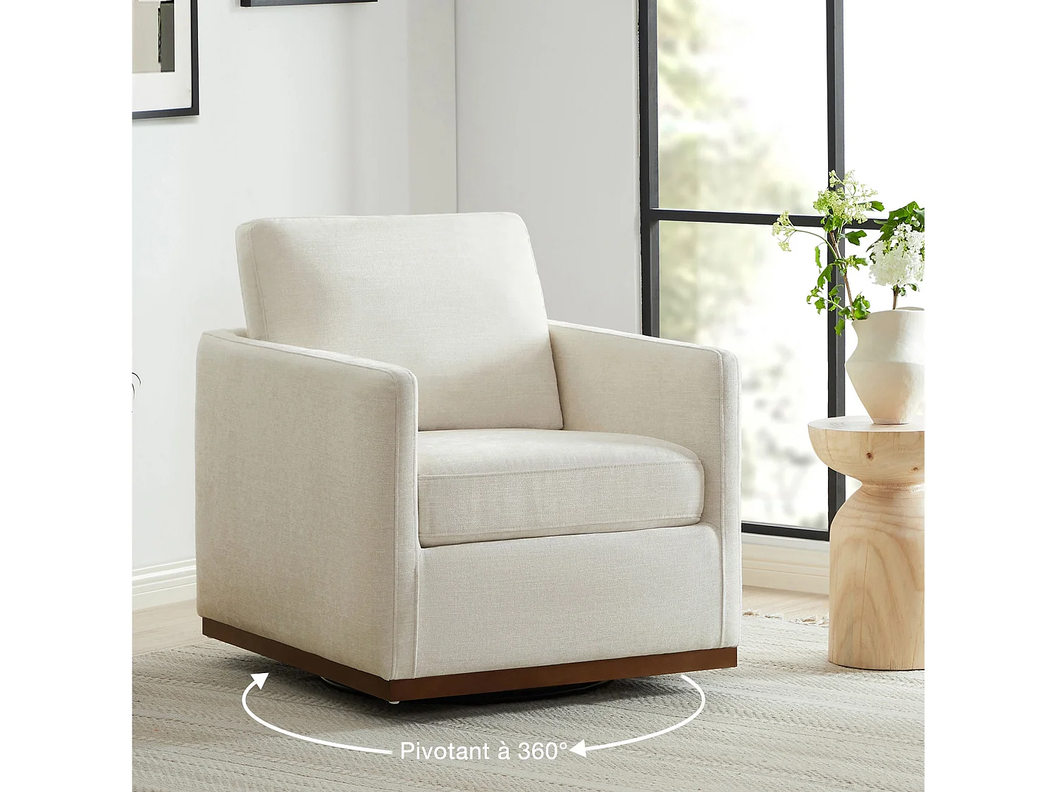 Fauteuil Pivotant En Cuir Véritable CHITA, Fauteuil Moderne Médiéval Certifié FSC Pour Salon Et Chambre, Entièrement Assemblé, Assise Sellier-Blanc