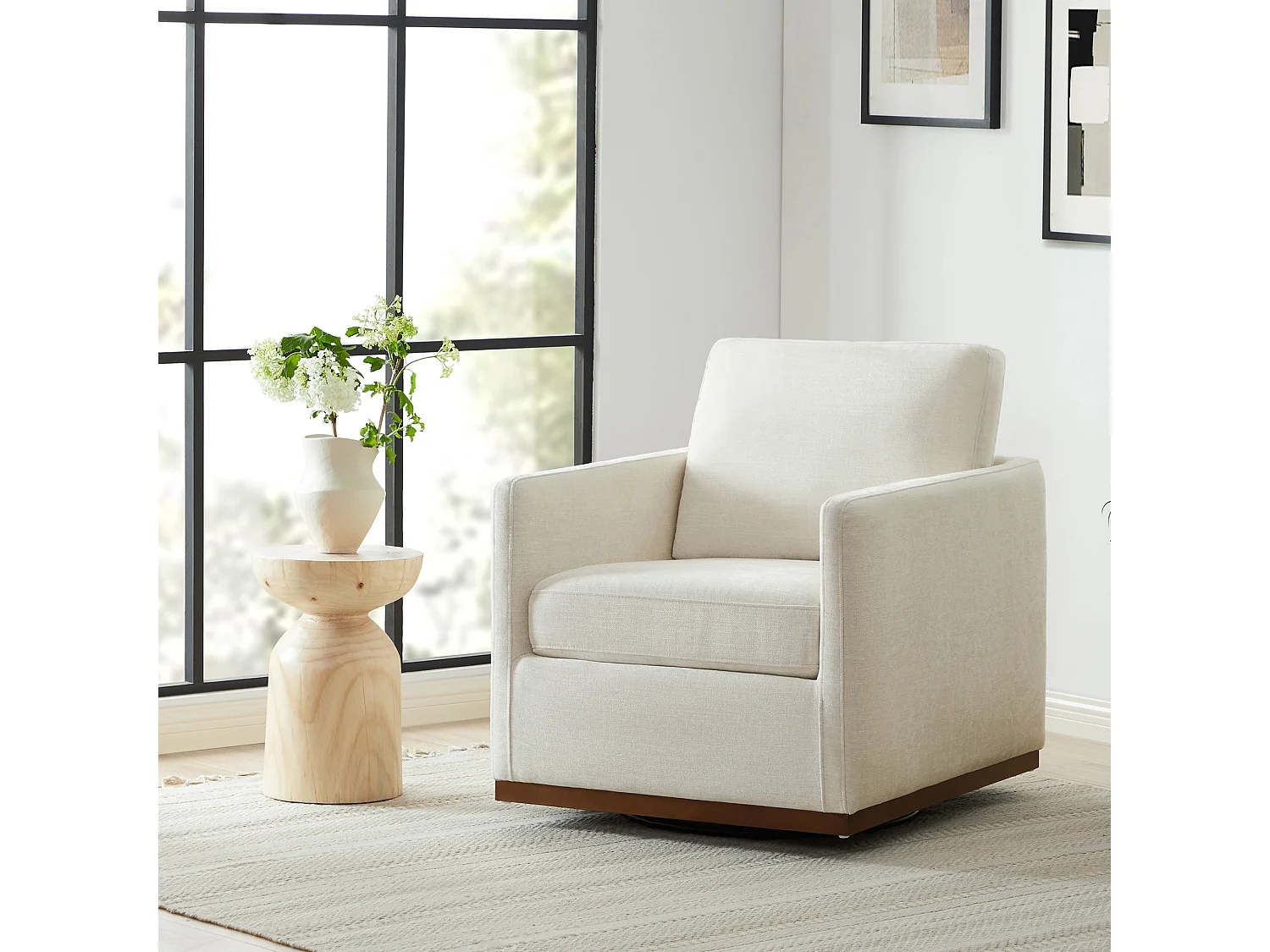 Fauteuil Pivotant En Cuir Véritable CHITA, Fauteuil Moderne Médiéval Certifié FSC Pour Salon Et Chambre, Entièrement Assemblé, Assise Sellier-Blanc
