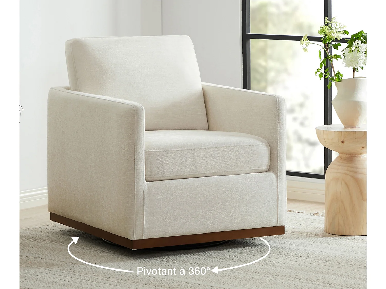 Fauteuil Pivotant en tissu CHITA, Fauteuil Moderne Médiéval Certifié FSC Pour Salon Et Chambre, Entièrement Assemblé, Assise Sellier-Blanc