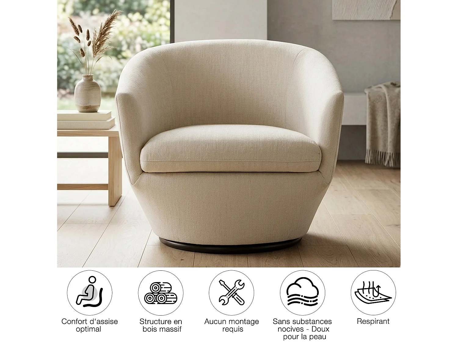 Fauteuil Pivotant CHITA, Tissu Velours, Pour Salon, Fauteuil Rond Avec Base Métallique-Blanc