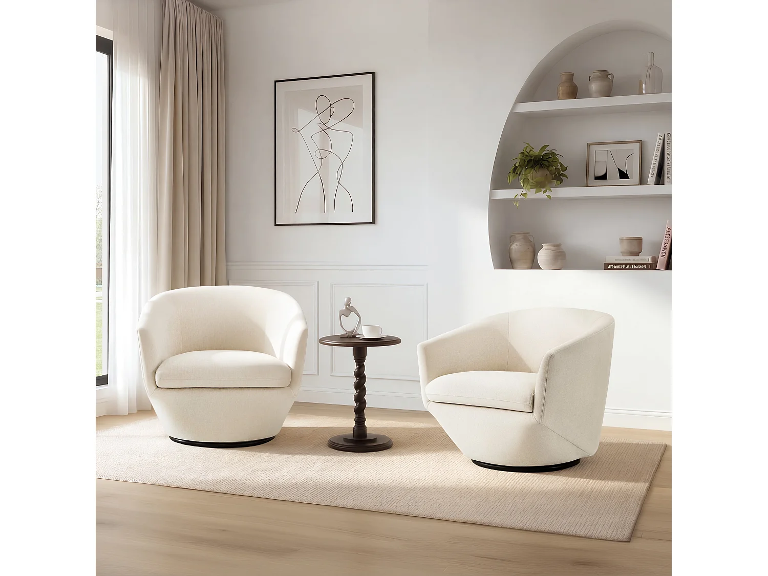 Fauteuil Pivotant CHITA, Tissu Velours, Pour Salon, Fauteuil Rond Avec Base Métallique-Blanc