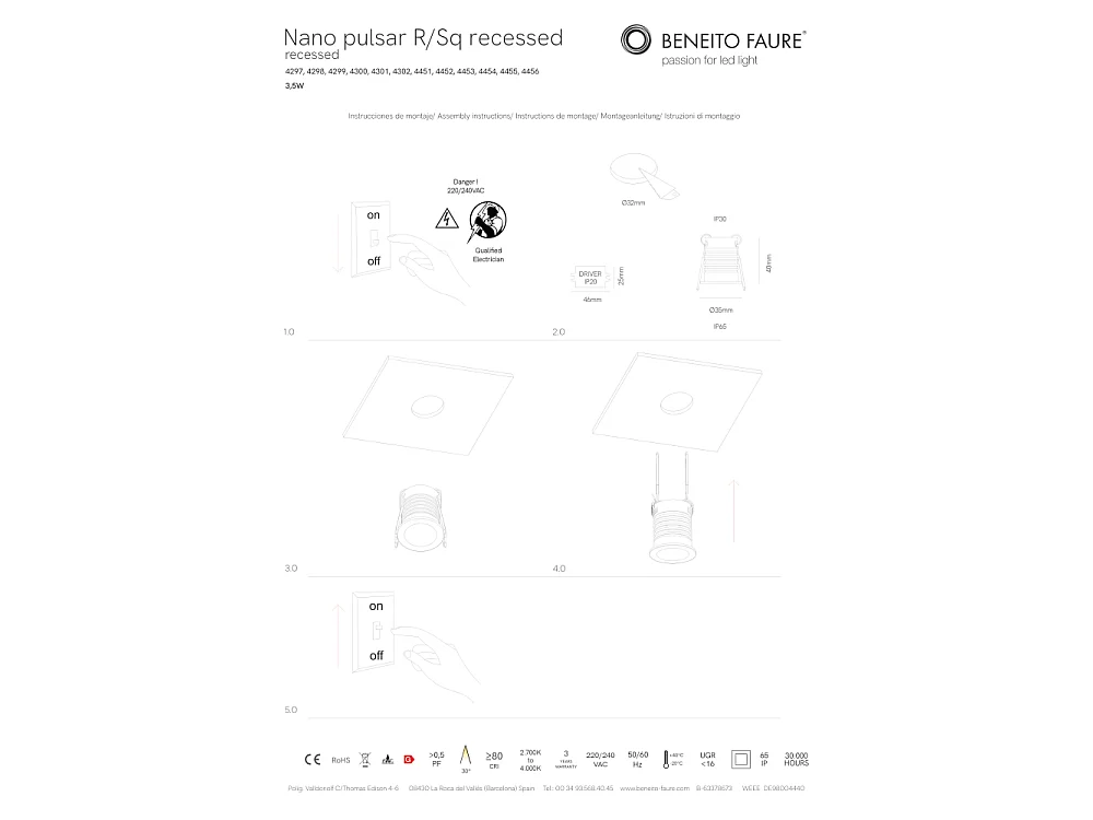 Nano Pulsar R Encastré - Spot encastré d'intérieur 3,5 W, angle faisceau de 30°, noir mat, diamètre (35 mm), température 3000K - Beneito & Faure