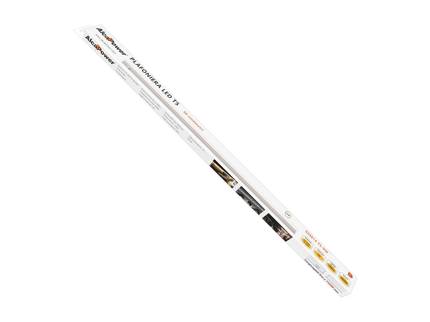 Plafonite LED Alcapower T5 60cm 9,5W 975lm 4000K Luz Natural, Classe F, Design Compacto, Iluminação Interior, IP20, 15000 Horas