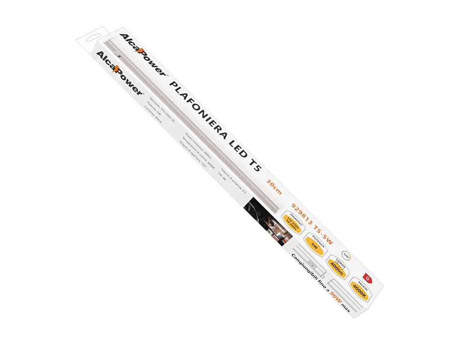 Alcapower Plafonnière LED T5 30cm 5W 500lm 4000K Luz Natural 175-250V IP20 Classe Energética F Design Compacto para Iluminação Interior Sob Móvel