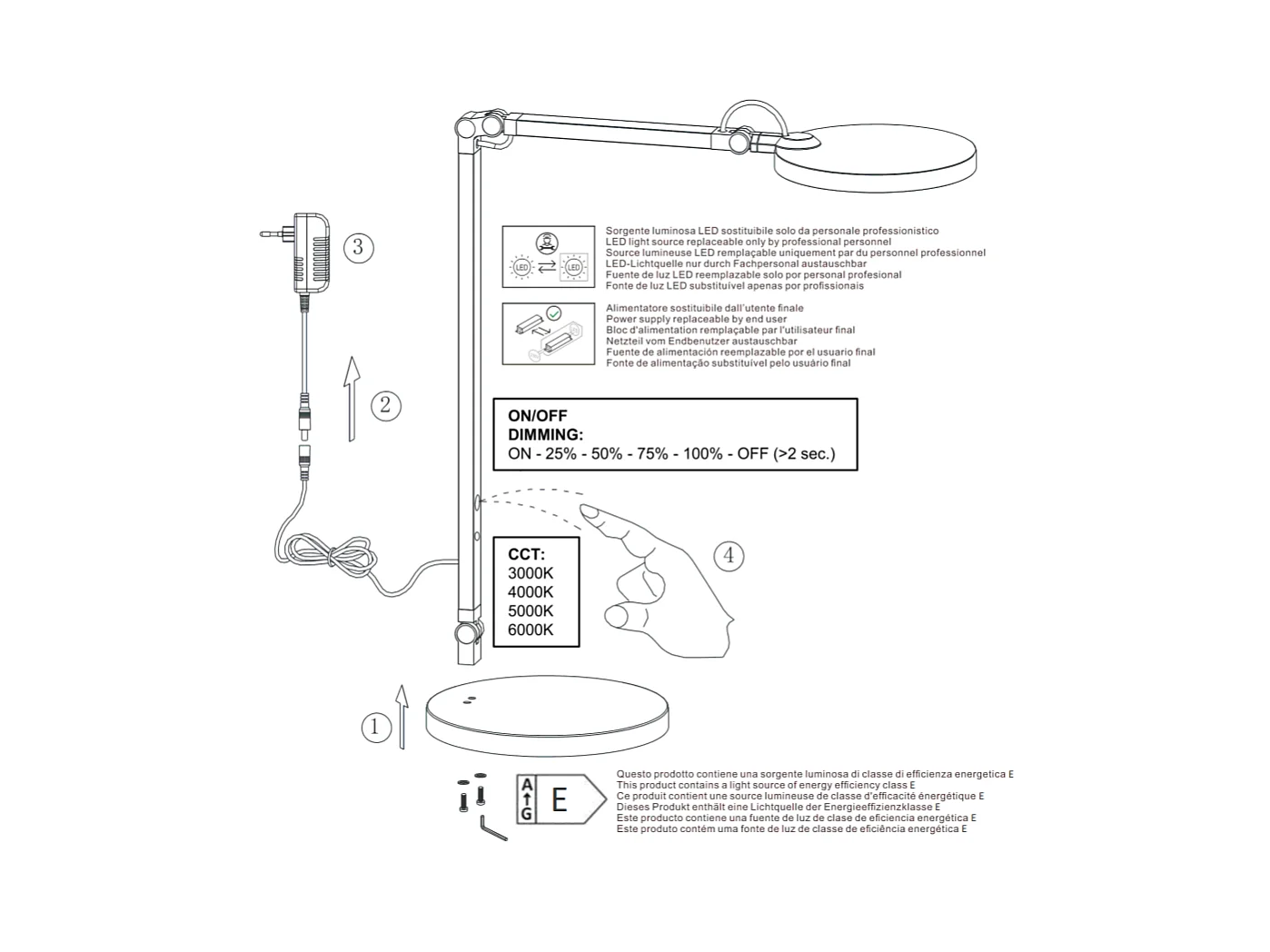 Regina - Verstellbare Tischleuchte aus Aluminium von Fabas Luce - Integrierte 9-W-LED, berührungsempfindlich, dimmbar, CCT (3000 K, 4000 K, 5000 K, 6000 K)
