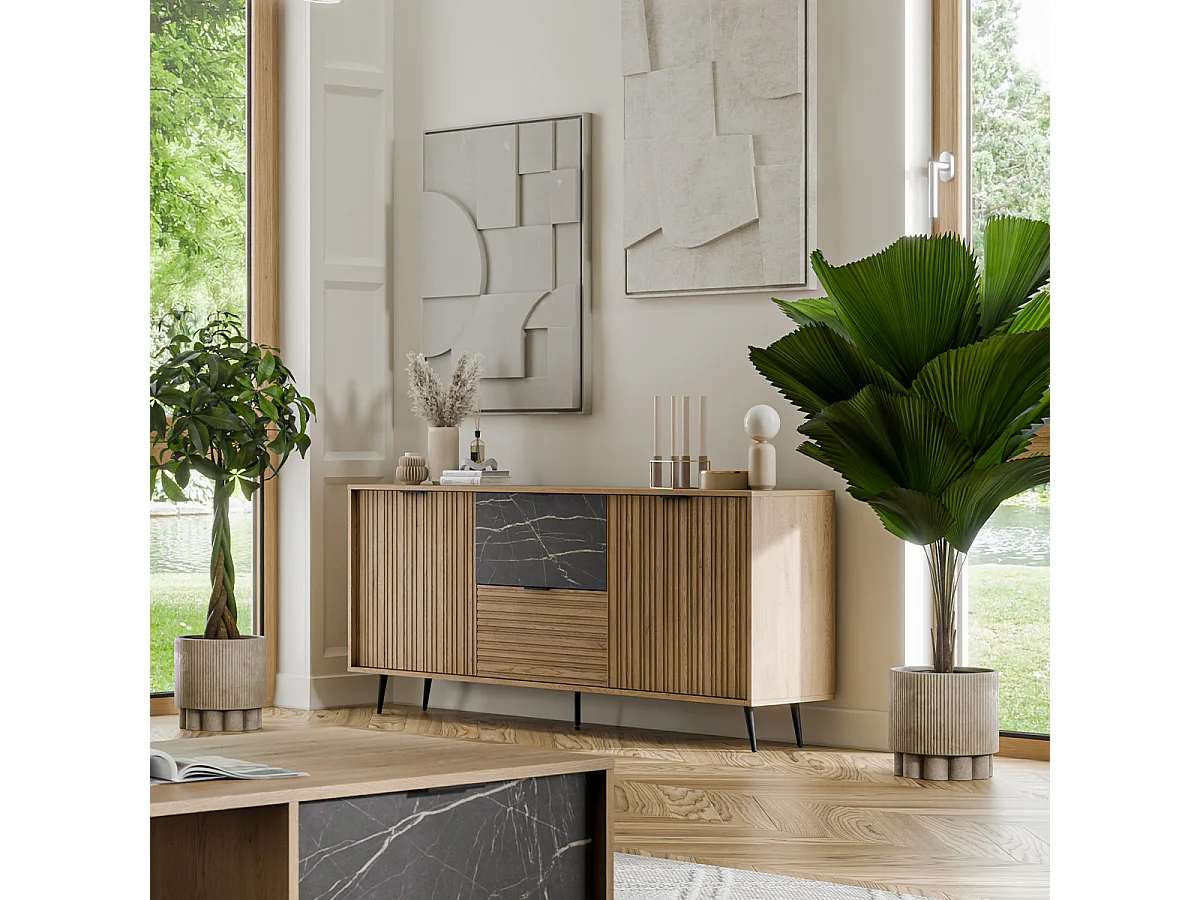 Buffet long 2 portes 2 tiroirs Luka Bois et Noir