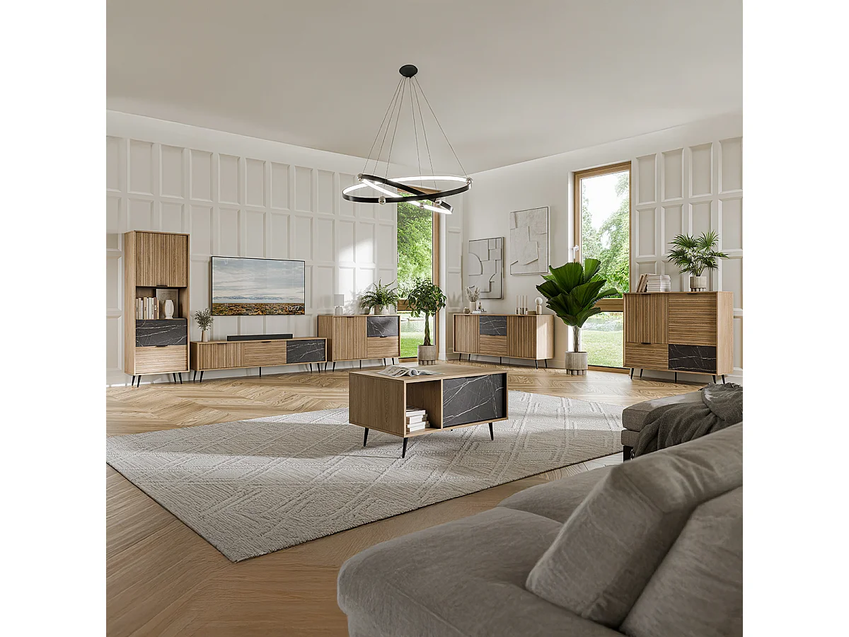 Buffet long 2 portes 2 tiroirs Luka Bois et Noir