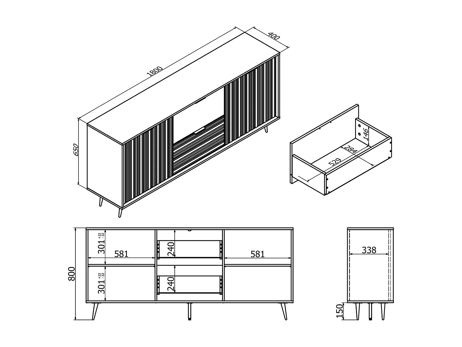 Buffet long 2 portes 2 tiroirs Luka Bois et Noir