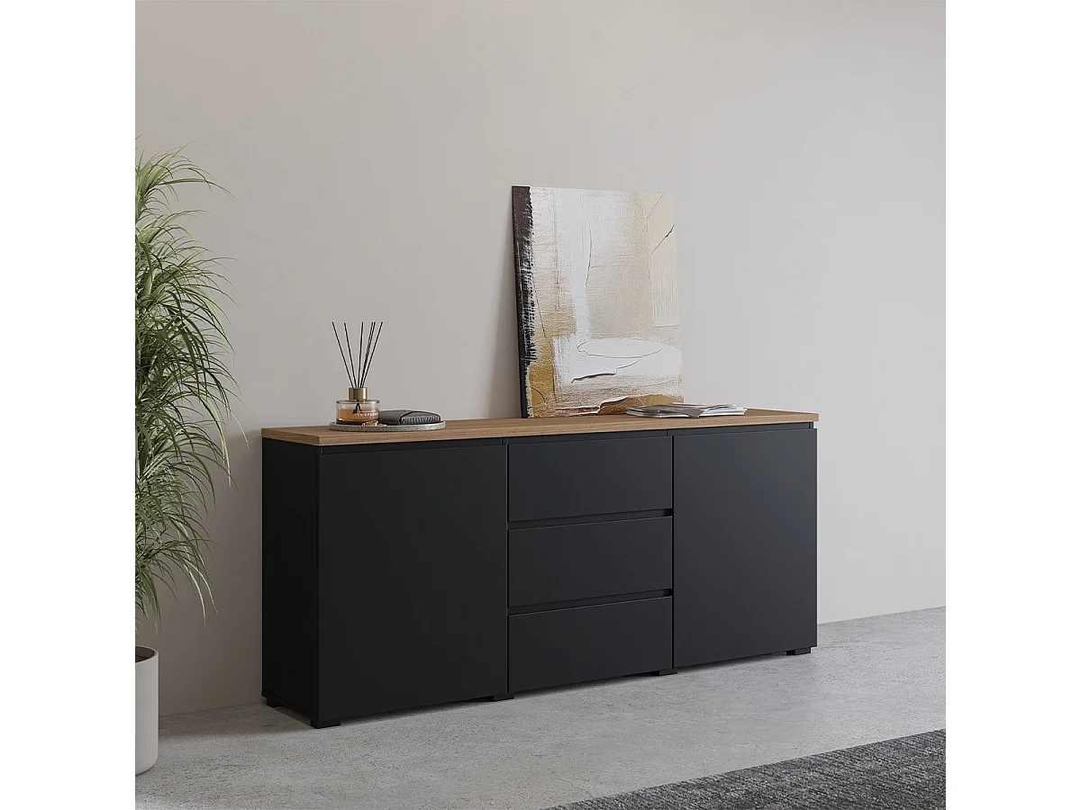 Buffet 2 portes 3 tiroirs Liko Noir et Bois