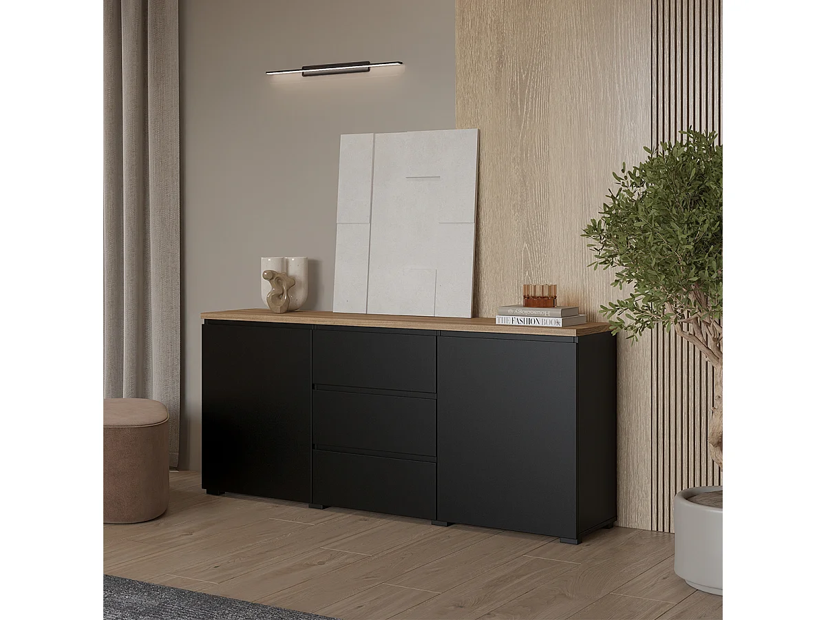 Buffet 2 portes 3 tiroirs Liko Noir et Bois